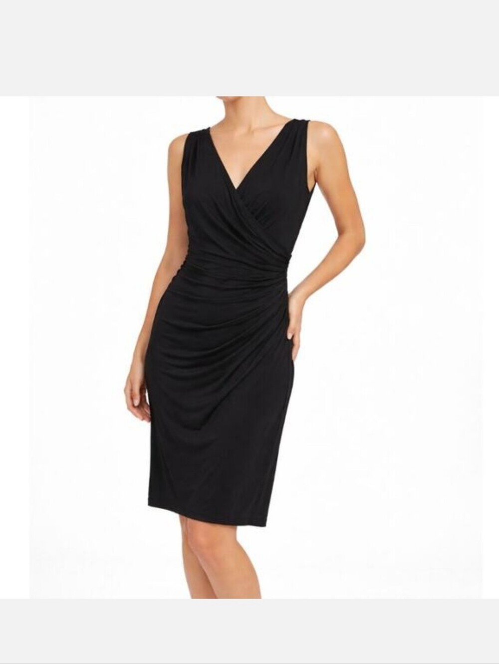 White House Black Market Black Sleeveless V-Neck Ruched Midi Dress